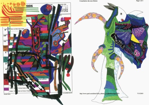 Two pages of Rama's doodles: a calendar page from December 11, 2006 (when he mayor of Tirana) and a printout from the French Socialist Party's website from 2005.